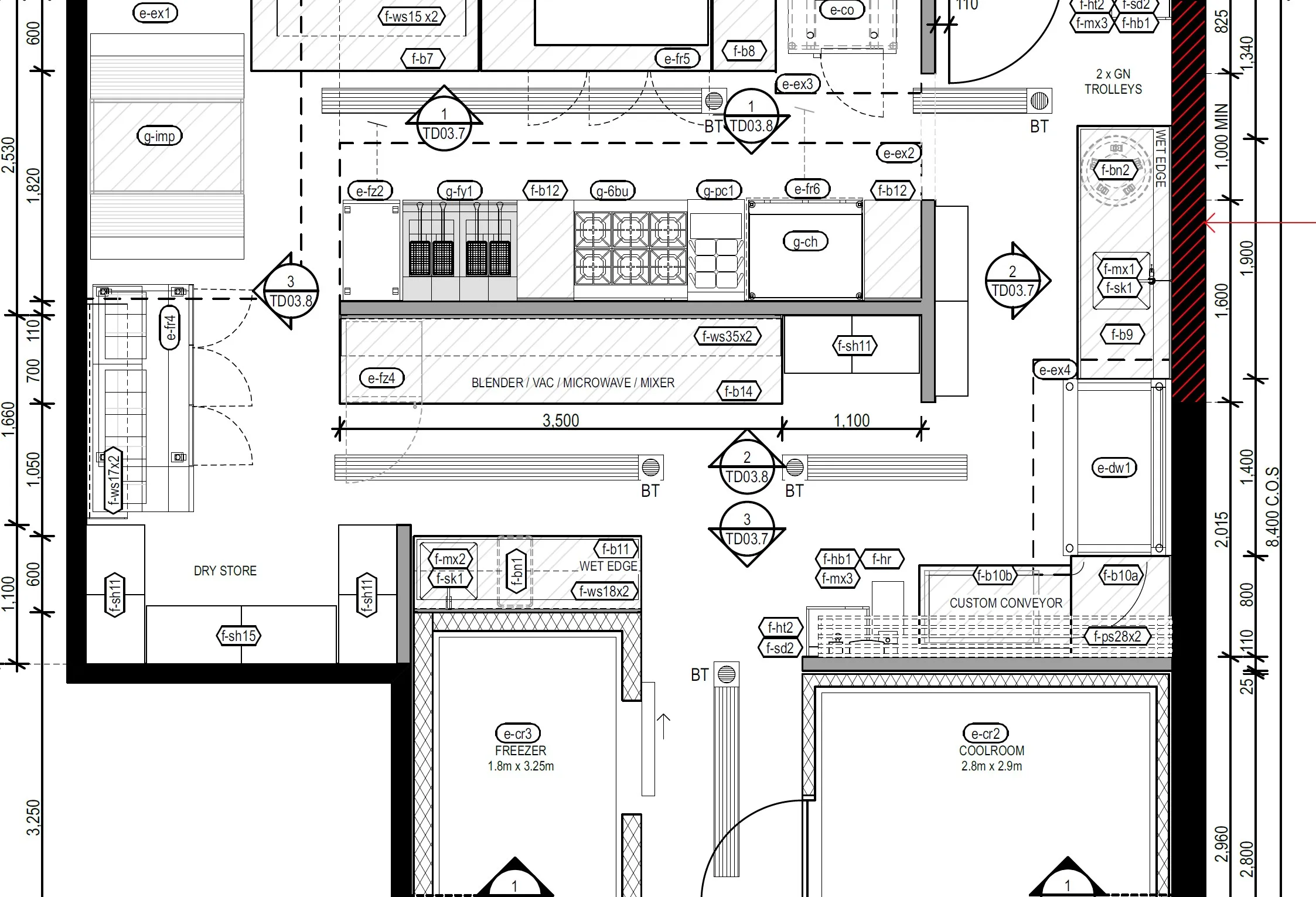 Commercial kitchen floor plan with equipment layout and dimensions