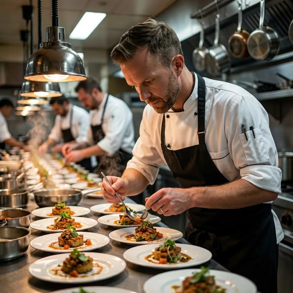 Jonathan McGlynn plating dishes at the pass in a busy commercial kitchen